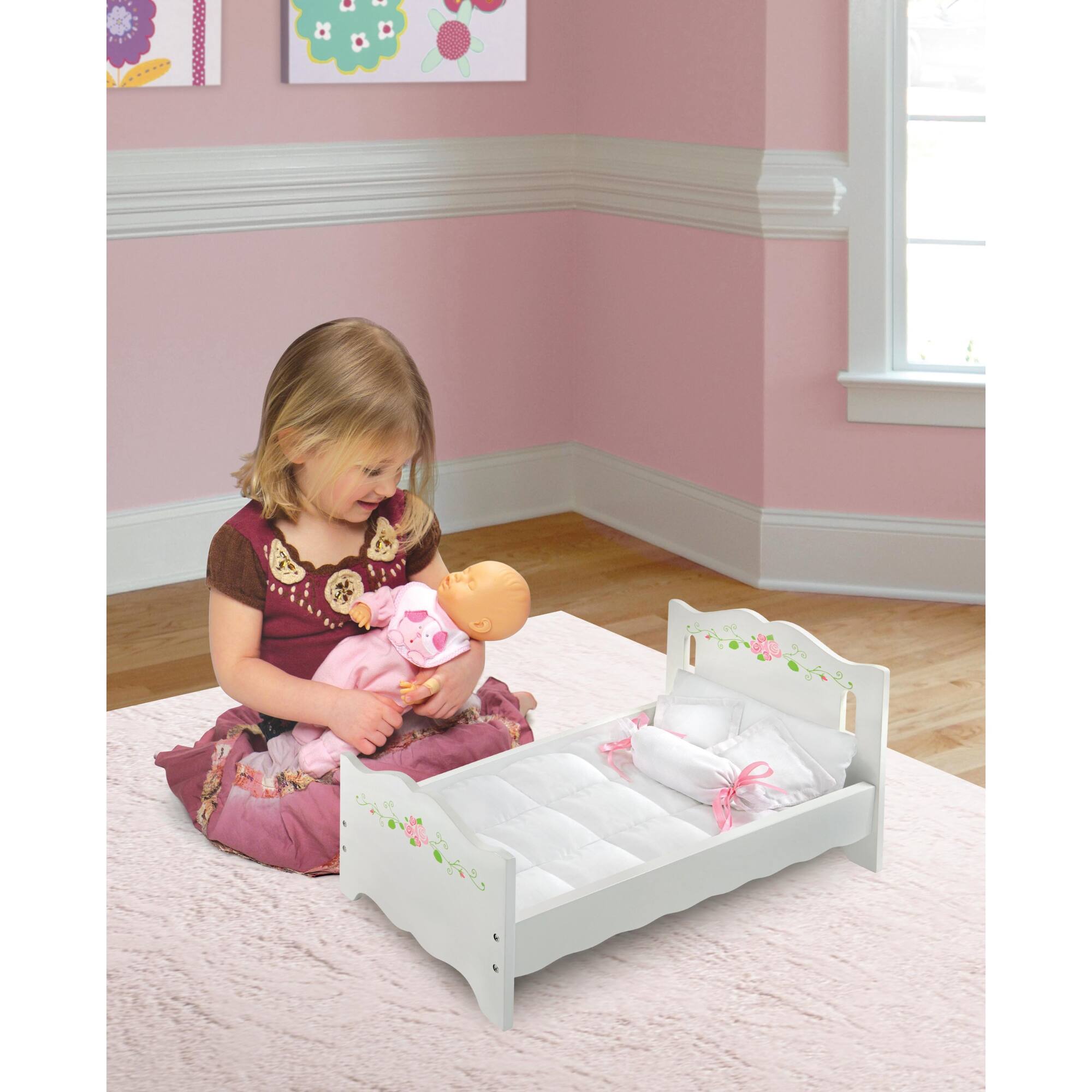 Badger Basket White Rose Doll Bed with Bedding
